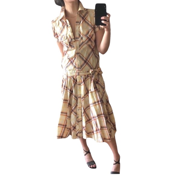 Miss Selfridge Dresses & Skirts - Vintage Miss Selfridge Plaid Cap Sleeve Button Down Flare Midi Dress w/ Tie Belt